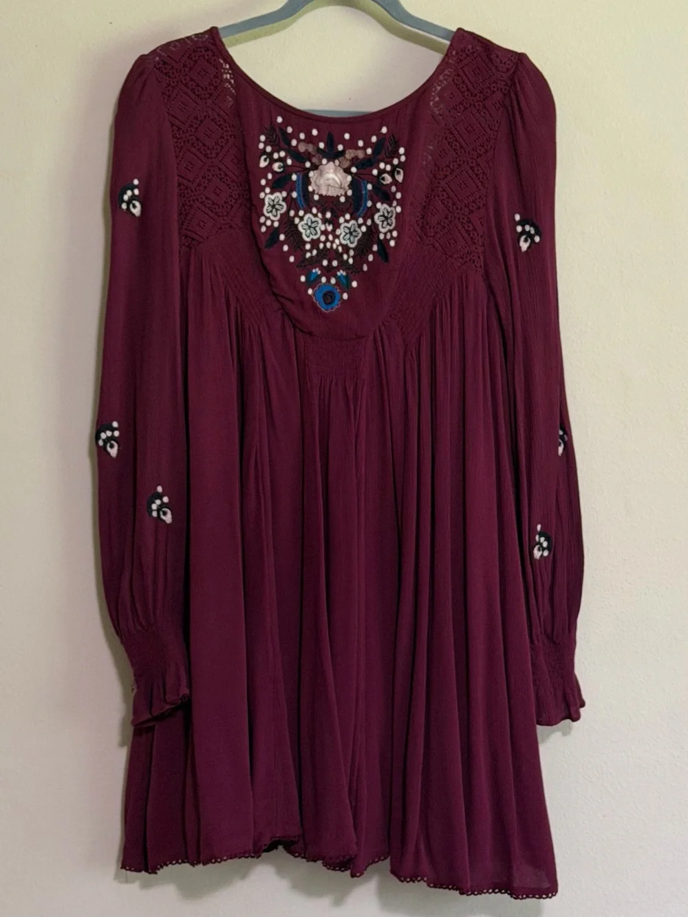 Free People Burgundy Embroidered Long-Sleeve Boho Dress